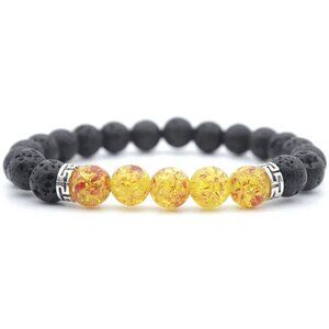 Men's Flower Amber & Black Volcanic Lava Rock Natural Stone Beaded Bracelet NEW